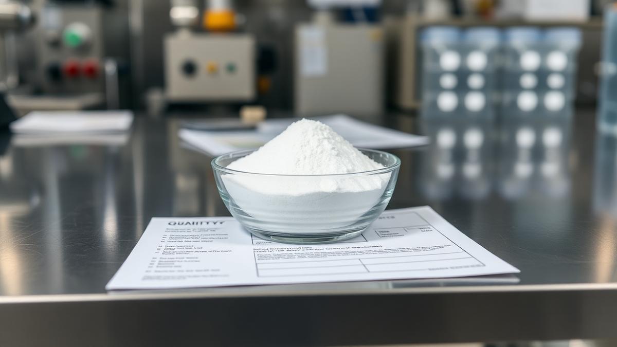White cypermethrin technical grade powder sample in a glass dish beside quality-control paperwork on a stainless steel laboratory bench