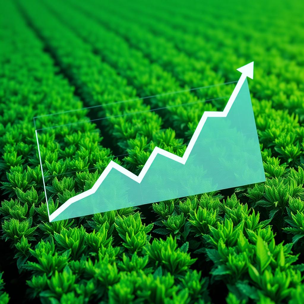 Upward trending market chart over a green agricultural field