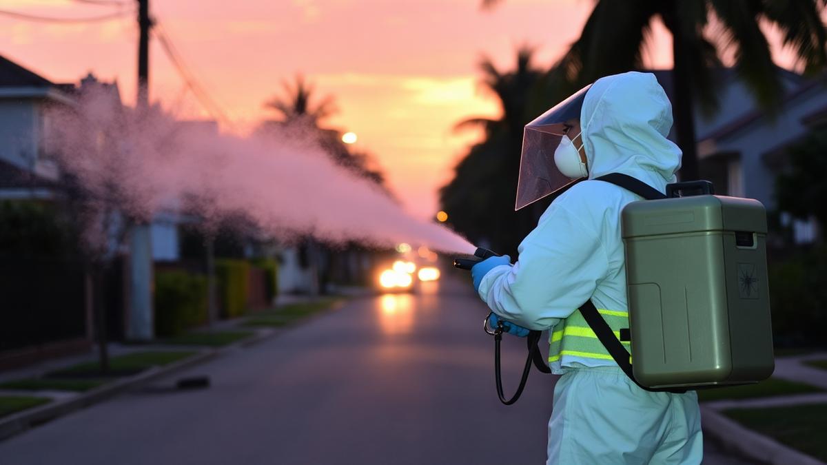 Vector control technician in protective equipment operating a thermal fogging machine on a residential street at dusk