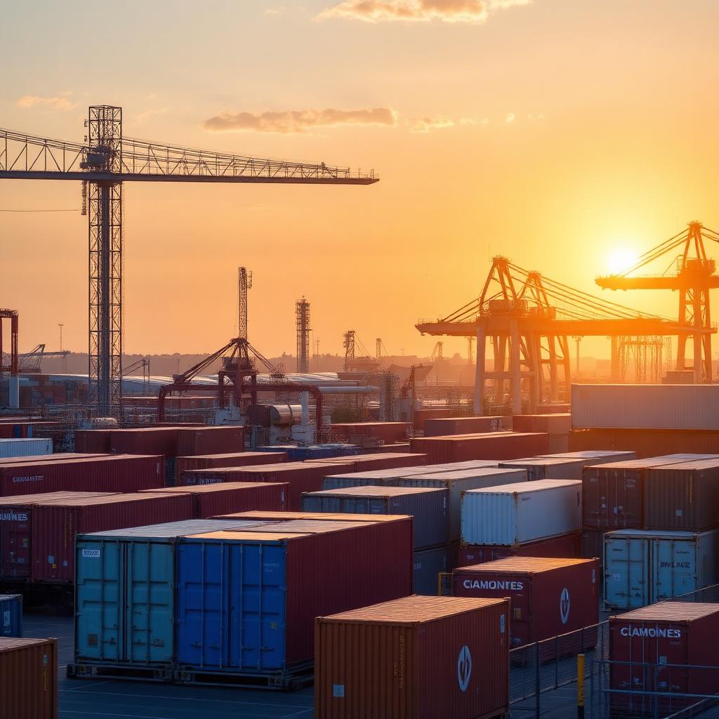 Container yard at golden hour symbolising global supply chain